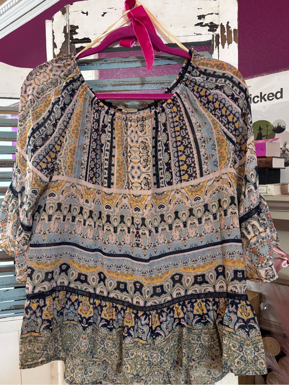 Entro Boho Paisley Print Peplum Blouse Small
